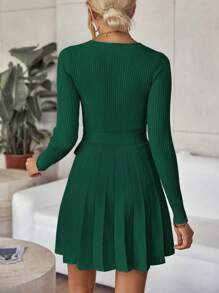 SHEIN LUNE V-neck Pleated Hem Belted Sweater Dress - Dark Green - View 2