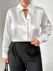 RueChic Camisa De Satén De Talla Grande Con Cuello De Agujero De Cerradura Y Manga Larga - Blanco - Ver 6