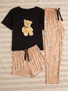 Bear Print Tee & Bow Front Shorts & Pants PJ Set / Pajama Set - Multicolor - View 3