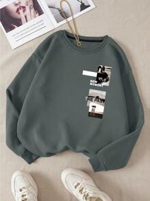 SHEIN EZwear 時尚狗狗字母圖案抓絨運動衫,百搭風格 - 灰色 - 查看 1