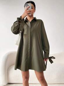 SHEIN EZwear 襯衫洋裝帶系帶袖口 - 軍綠色 - 查看 1