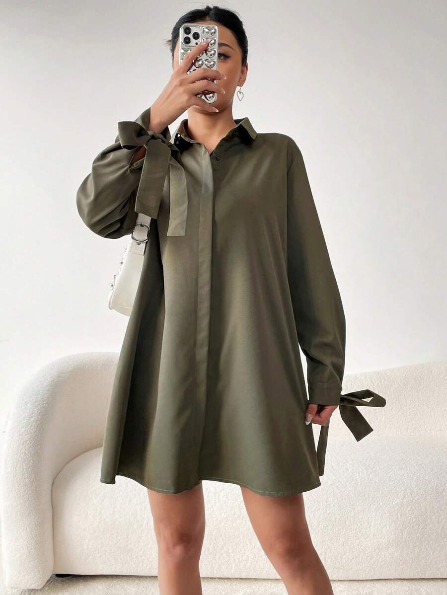 SHEIN EZwear 襯衫洋裝帶系帶袖口 - 軍綠色 - 查看 1