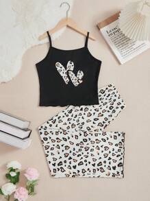 SHEIN Roupa De Dormir De Alcinha De Coração Com Estampa De Oncinha Para Adolescentes, Com Calça Longa
