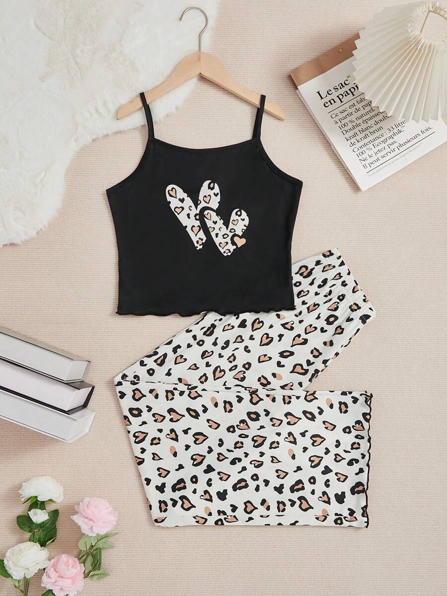 SHEIN Roupa De Dormir De Alcinha De Coração Com Estampa De Oncinha Para Adolescentes, Com Calça Longa