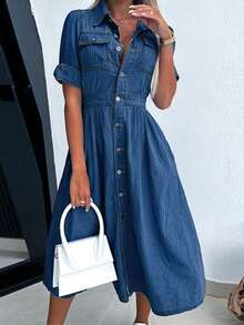 Túi có nắp Tay áo cuộn Đầm Denim - Rửa tối - Xem 3