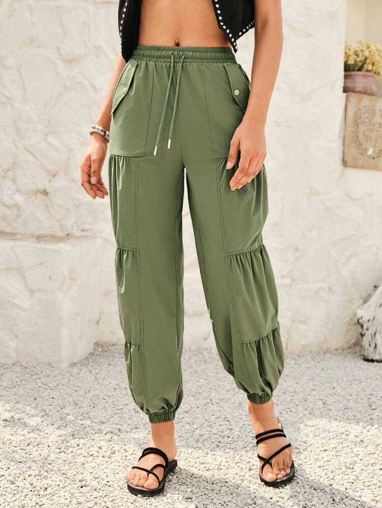 Women's Solid Color Drawstring Waist And Cuffed Hems Long Pants With Slant Pockets