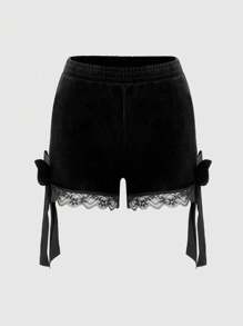 ROMWE Kawaii Shorts ribete con encaje en contraste de terciopelo - Negro - Ver 1