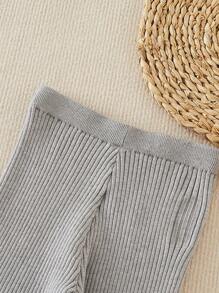 SHEIN Ribbed Pleated Hem Pants - Grey - View 6