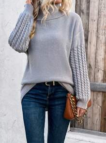 SHEIN LUNE Áo cao cổ Xoắn Dan Thả vai Đầm Áo len - Xám - Xem 5