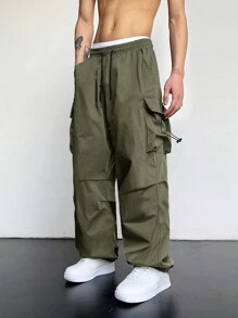 ROMWE MEN Street Life Pantalones De Hombres Tipo Cargo Con Bolsillos Con Solapa - Verde militar - Ver 5