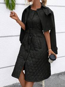 SHEIN Essnce 1pc Double Breasted Crop Trench Coat - Black - View 3