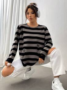 SHEIN Unity Pull tricoté rayé déchiré pour l'automne et l'hiver - Multicolore - Voir 5