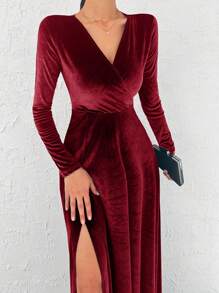 EURMUSE Chất rắn Tách đùi Surplice cổ Đầm - Màu đỏ tím - Xem 4