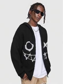 ROMWE MEN Street Life Guys Cartoon Pattern Drop Shoulder Hooded Cardigan - Black - View 4