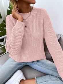 SHEIN LUNE 落肩袖條紋針織套頭毛衣 - 藕粉色 - 查看 6