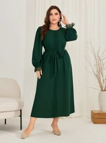 Al Najma Plus Size Lace Patchwork Dress With Waist Belt