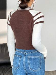 SHEIN Unity Gestreifter & floraler Muster Raglan Ärmel Crop Strick Pullover Herbst Winter Pullover - Kaffeebraun - Übersicht 3