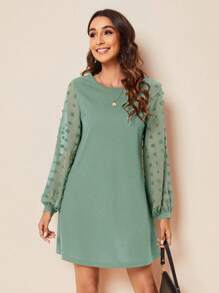 SHEIN Clasi Chấm Swiss Tay áo lồng đèn Đầm - Màu xanh Bạc hà - Xem 1