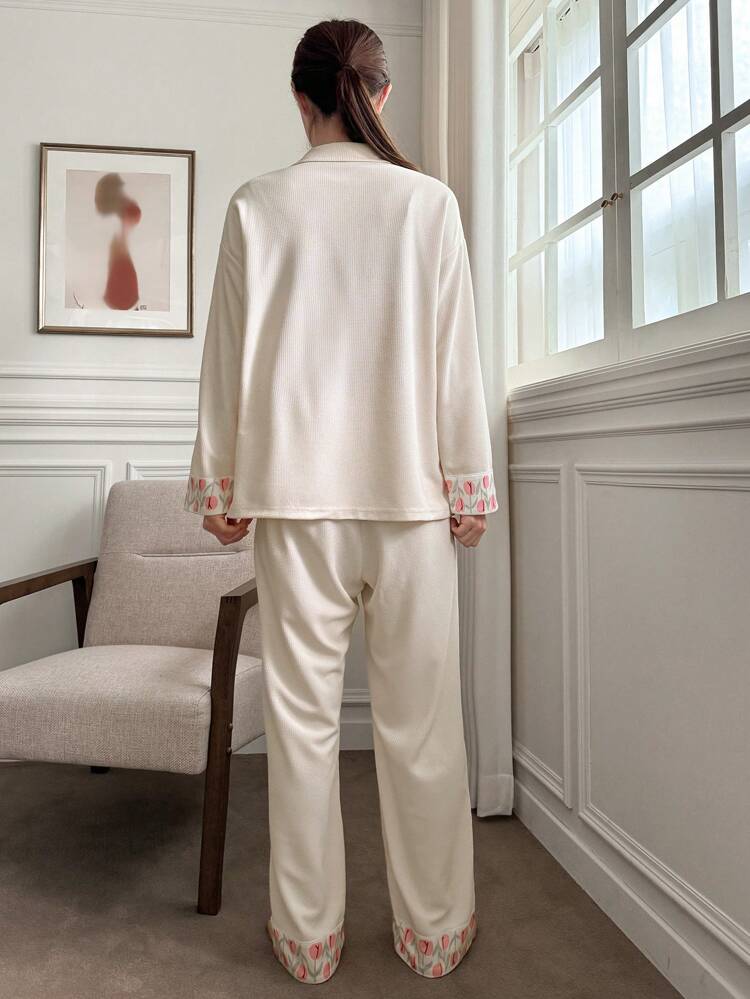 Floral Print Drop Shoulder PJ Set Fall,Winter