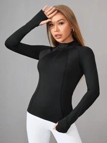 Easithlete 素色半拉鏈運動衛衣帶拇指孔 - 黑色 - 查看 1