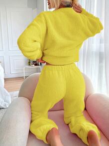 SHEIN Cottnline Drop Shoulder Plush Hoodie And Pants Set - Yellow - View 2