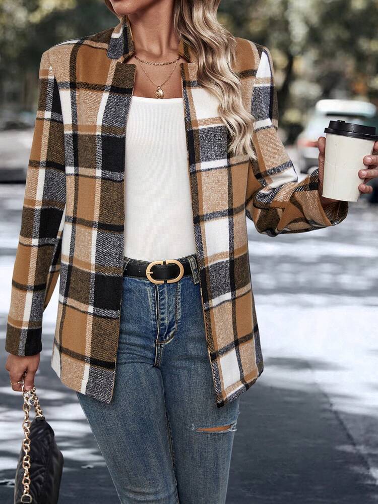 Plaid Print Open Front Overcoat