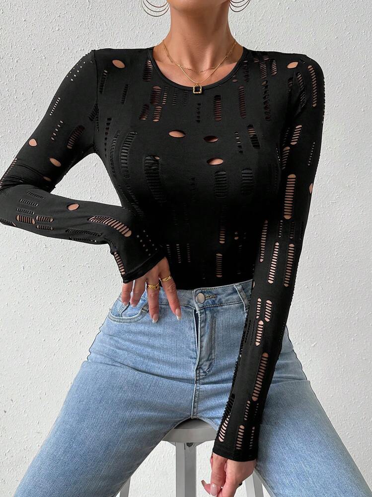 Cut Out Ripped Bodysuit - Black - View 5