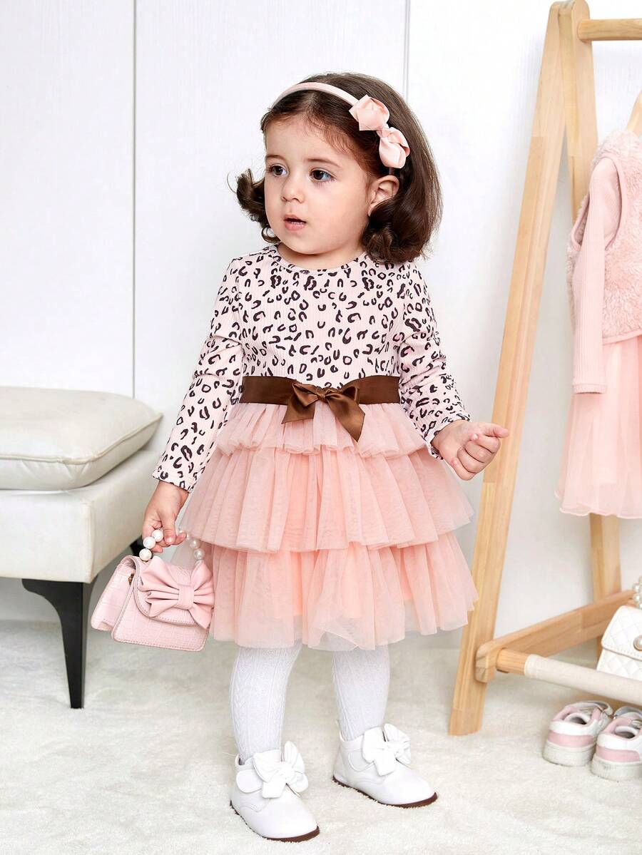 SHEIN Em bé Cô gái Thanh lịch Hoa văn Báo Dệt kim Lưới Nối Nhiều lớp Đầm - Hồng - Xem 1