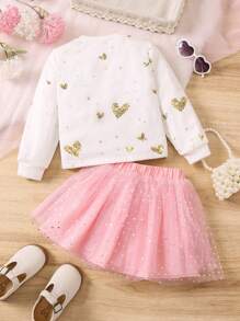 SHEIN Ensemble de 2 pièces sweat-shirt imprimé dessin animé adorable pour jeunes filles et jupe en filet à sequins