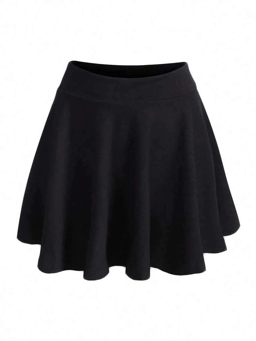 SHEIN LUNE Solid Flare Skirt - Black - View 1