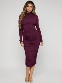 SHEIN SXY 立领褶裥针织连衣裙 - 紫色 - 查看 4