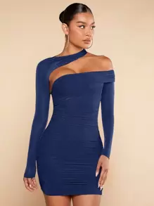SHEIN BAE 不對稱領褶邊緊身洋裝 - 藏蓝色 - View 6