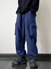 ROMWE MEN Street Life Men Loose Fit Parachute Cargo Pants, School - Navy Blue - View 4