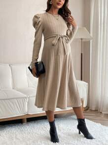 SHEIN Thai sản Bong bóng Tay áo Đồ đan Ribbed Thắt lưng Đầm Midi - Màu Khaki - Xem 6