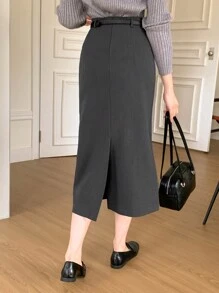 DAZY Gonna a matita con spacco laterale a tinta unita, donna - Grigio - Visualizzare 2