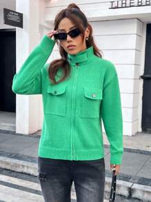 SHEIN Essnce Flap Pocket Drop Shoulder Zip Up Cardigan - Green - View 4