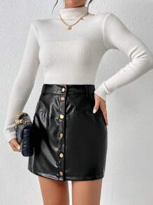 SHEIN Frenchy 高腰前紐扣PU皮革半身裙
