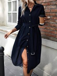 SHEIN Clasi Solid Button Front Belted Shirt Dress - Blue - View 1