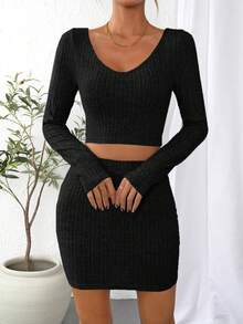 SHEIN Essnce unicolor Camiseta crop & Falda ajustada - Negro - Ver 5