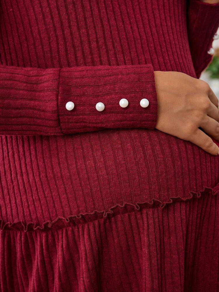 Maternity Waffle Knit Ruffle Hem Smock Dress