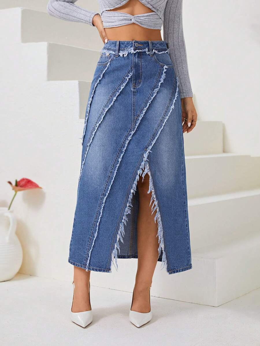 SHEIN Privé 高腰毛邊緣高衩牛仔半身裙 - 中等水洗藍 - 查看 1