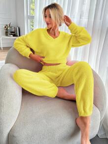 SHEIN Cottnline Drop Shoulder Plush Hoodie And Pants Set - Yellow - View 3