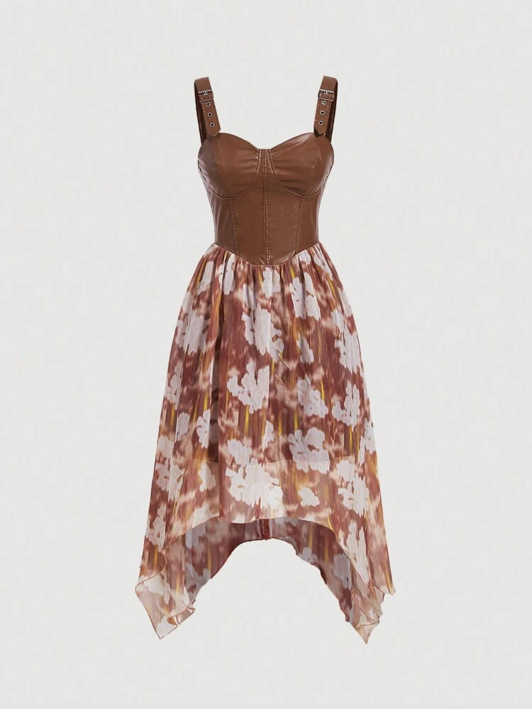 Women's Asymmetrical Hem Tie Dye Floral Print Pu Leather Splice Cami Dress