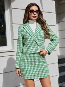 EURMUSE 2pcs Plaid Blazer And Skirt Set - Green - View 3