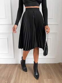 EURMUSE Solid Pleated Skirt - Black - View 1