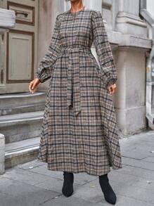 EURMUSE Plaid Belted Long Sleeve Dress - Multicolor - View 3