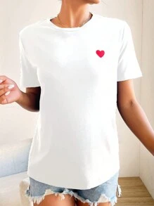 EURMUSE Heart Embroidery Round Neck Tee - White - View 5