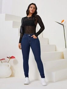 SHEIN Privé 斜口袋緊身牛仔褲 - 深色水洗藍 - 查看 5