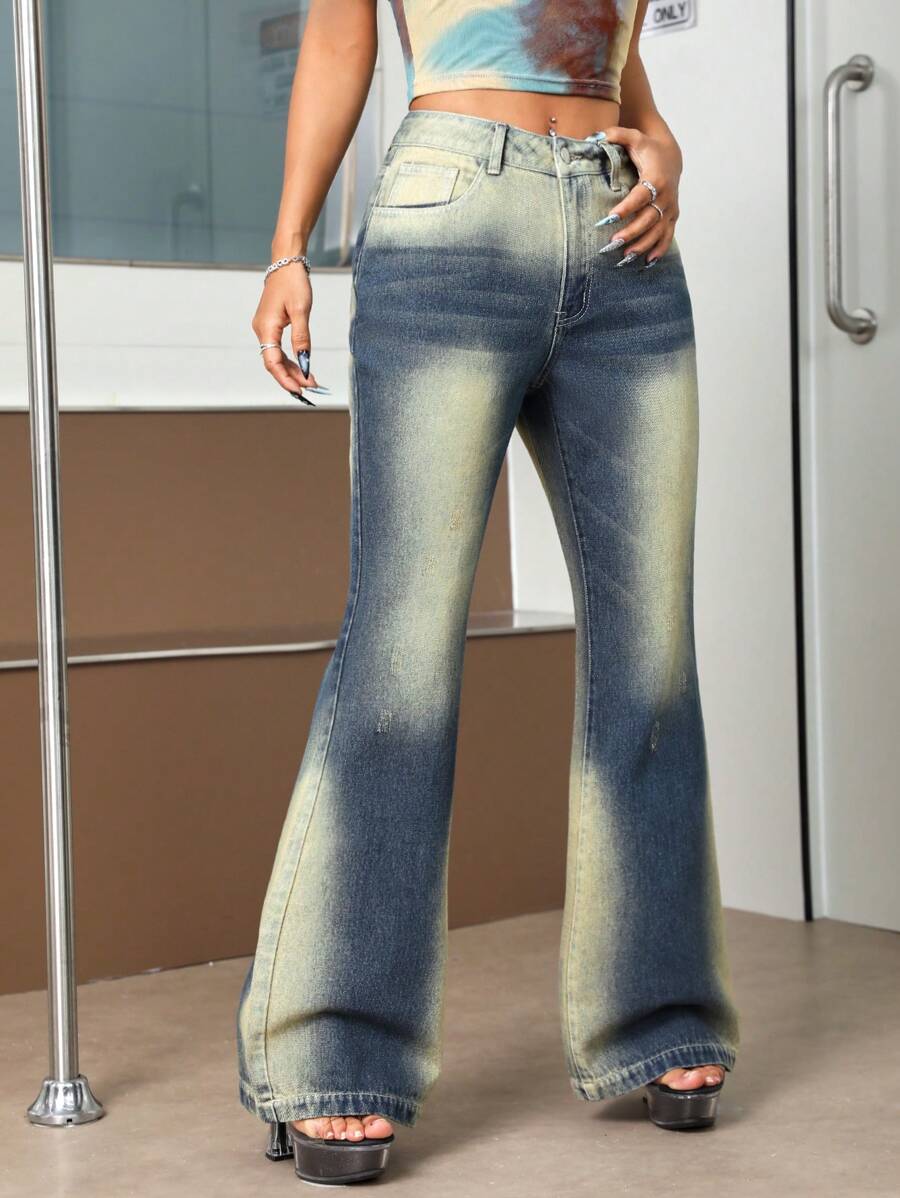 SHEIN ICON Gebleichte Schräg-taschen Ausgestellte Jeans Für Frauen - Blau - Übersicht 1