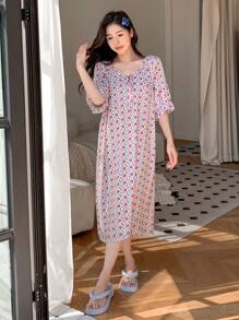 DAZY 全身印花荷叶边袖睡裙睡衣 - 彩色 - 查看 3